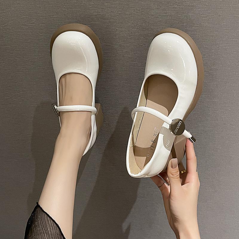 Patent Leather Round Head Mary Jane Shoes Women's Spring and Summer Comfortable Thick Heel Light Mouth Single Shoes High Heel One Word with Shoes