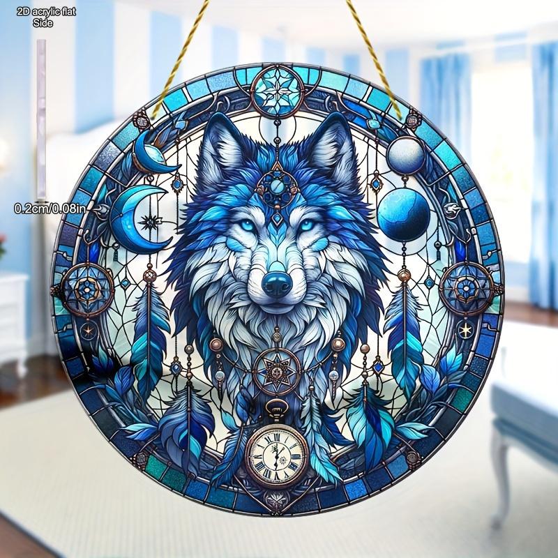 Wolf Sonne Acryl-Fänger, Acryl-Gitter im Buntglas-Stil, Traumfänger-Inspiration, Reflektierende Kunst für Haus & Garten, Kinderzimmer, Vintage-Wohnkultur