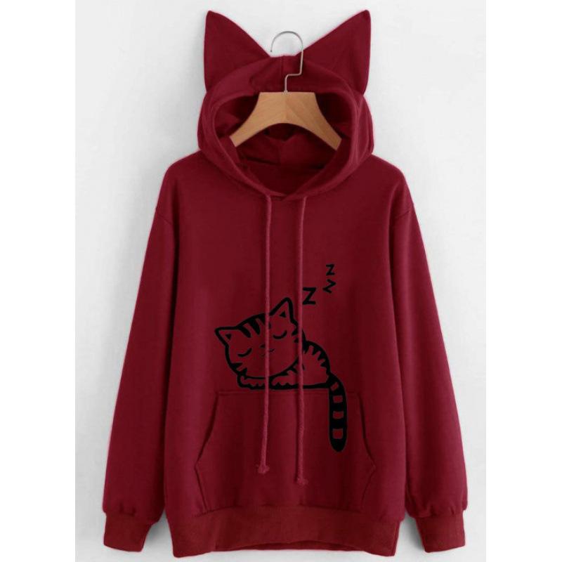 Spring and autumn loose fleece print cat pattern print hooded sweater women s clothing XXL 1870₽