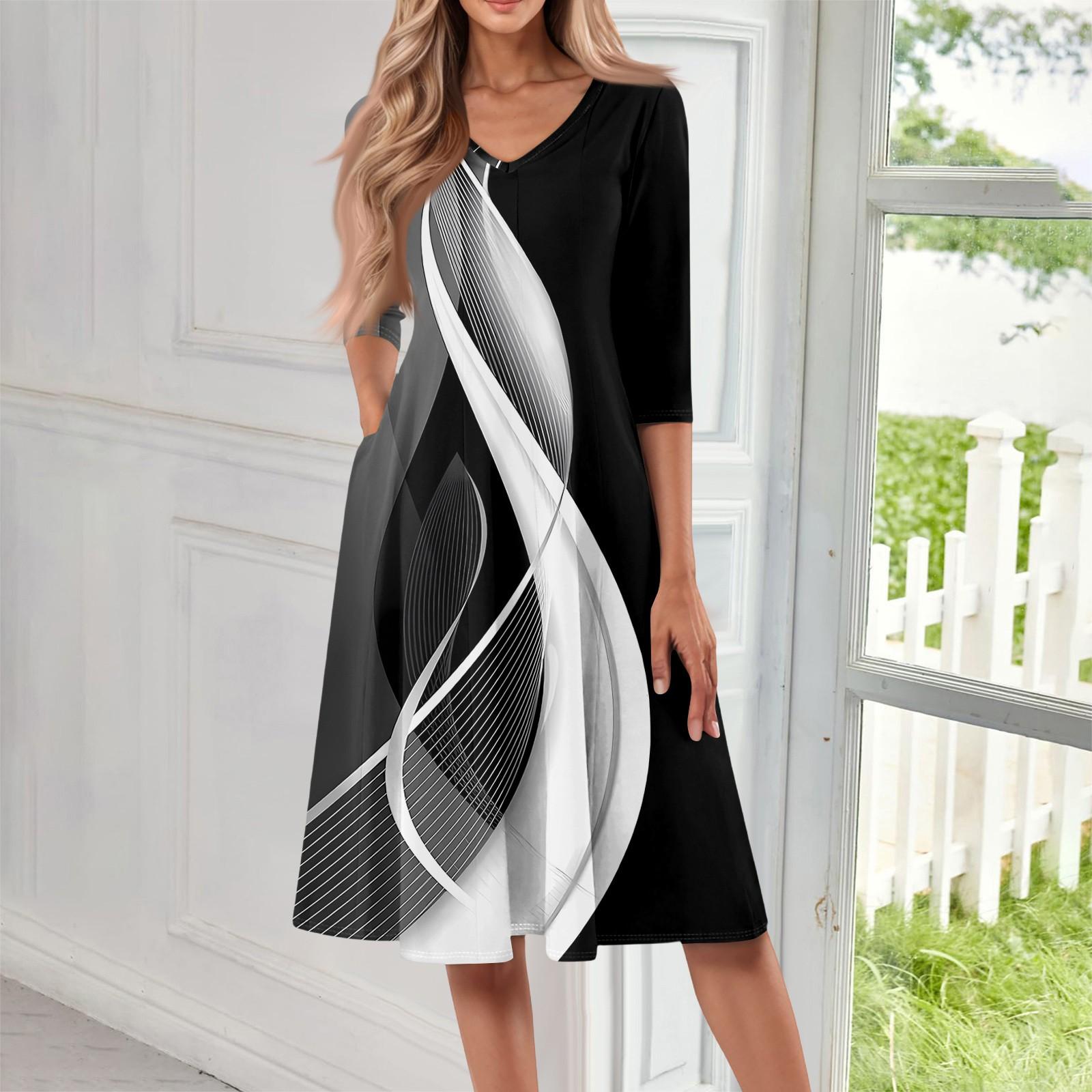 

Женское повседневное модное платье миди с V-образным вырезом и рукавом три четверти XL чёрный