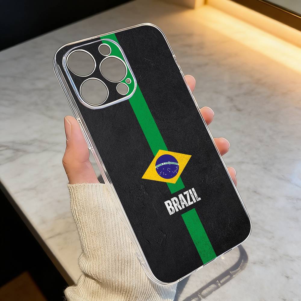 

B-Brazil Brazilian Flag Phone Case For iPhone 17 16 15 14 13 12 11 Mini Pro Max Plus Transparent Cover iPhone15pro
