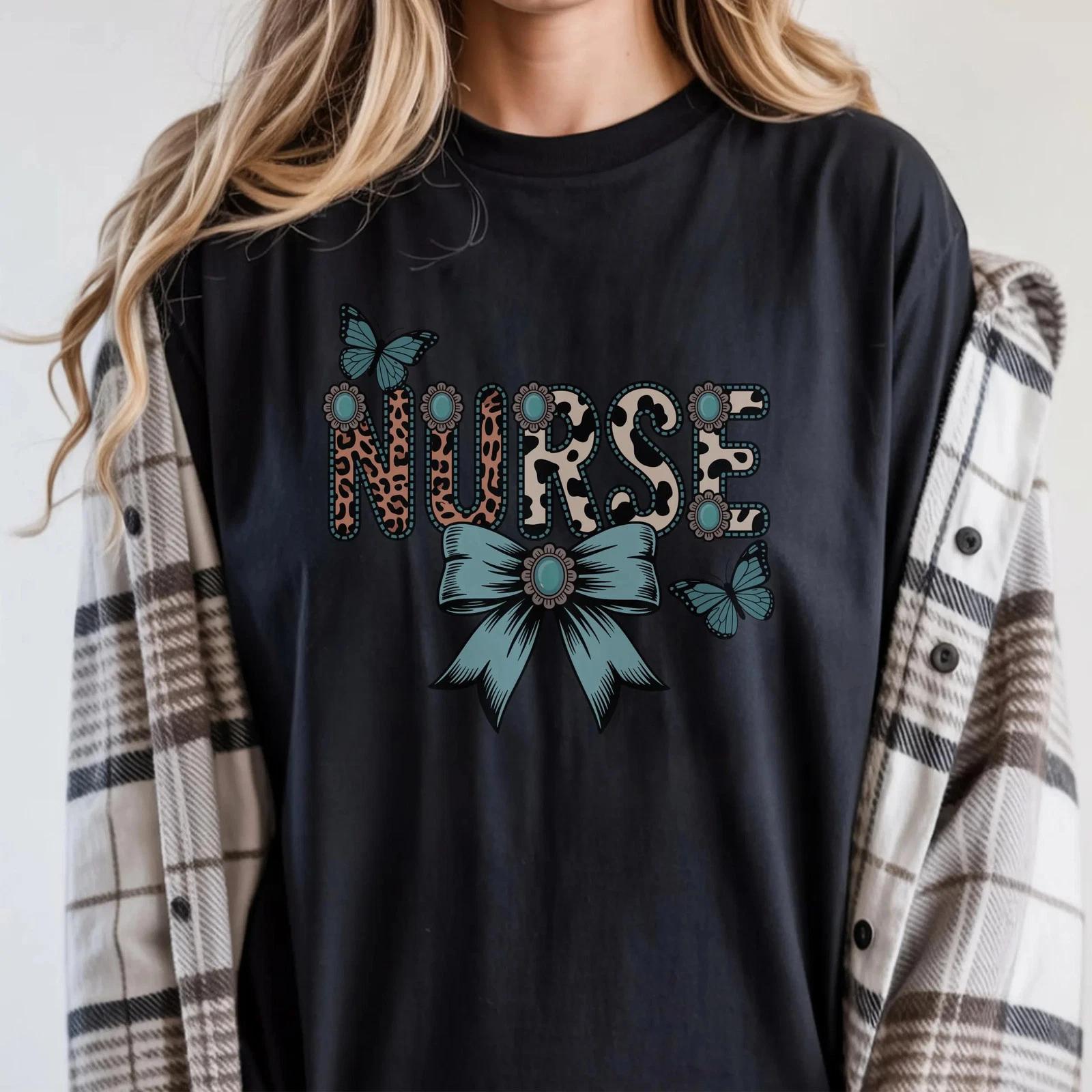 Western Nurse T-Shirt | Boho Turquoise Leopard Cow Print RN Tee 2XL