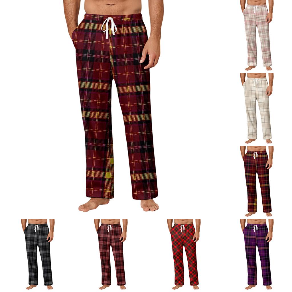 Men's Drawstring Pocket Casual Pants Plaid Stripe Print Pocket Casual Pants Home Pajama Pants