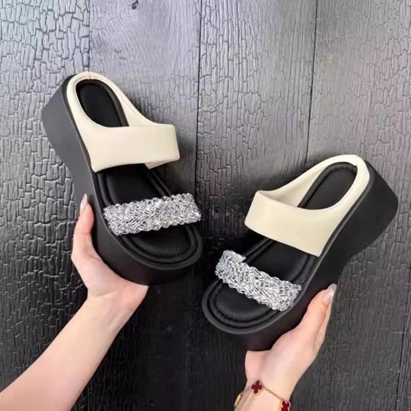 Fashion Platform Wedge Slippers Women's Fashion Round Toe Open Toe Sequin Sequin Strap Platform Non-Slip Cool Mopping