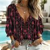 Women's Casual V-Neck Print Blouse with Tie Front and Three-Quarter Ruffle Sleeves