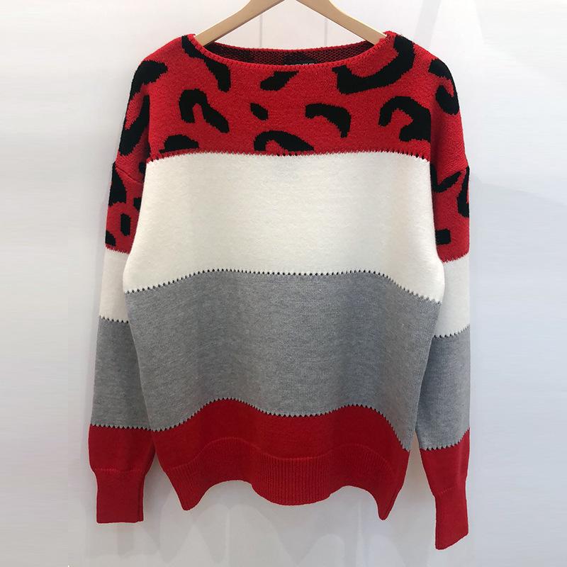 Women's Colorblock Leopard Print Round Neck Sweater - Long-Sleeved Casual Knit Pullover for Autumn/Winter.