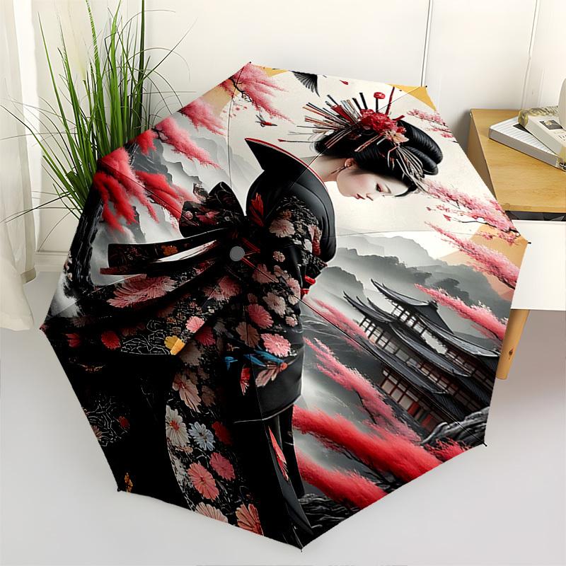 

Geisha. Cherry Blossom Themed Automatic Opening and Closing Umbrella, Brightly Colored 8 rib Portable Umbrella, Suitable for Men and Women,