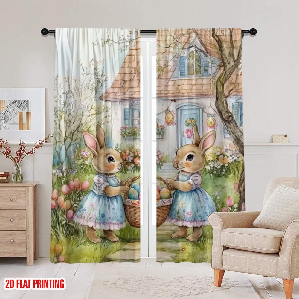 2 Stück, 2D-Flachdruck Fenster Vorhang Osterhase Zwillinge Strapazierfähiges Polyester (ohne Stange) Dekorationen Innen für Schlafzimmer, Wohnzimmer
