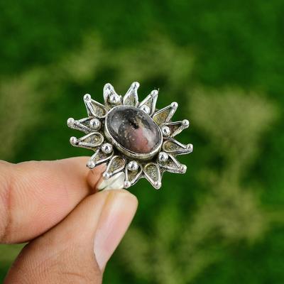 Prsteň z rýdzeho striebra s kameňom rodonit, zásnubný, boho, sľubný, kvetinový, ručne vyrobený