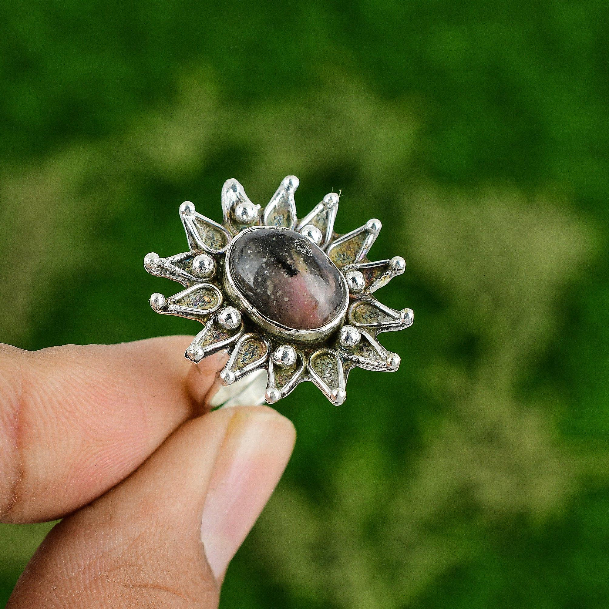 

Sterling Silver Rhodonite Stone Engagement Boho Promise Flower Handcrafted Ring Adjustable