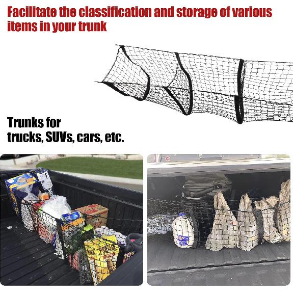 Amiss Heavy Duty Mesh Cargo Net, 3 Pocket Trunk Bed Storage Organizer Compatible For SUV, Car, Pickup Truck Bed, Etc.With 4 Metal Hooks