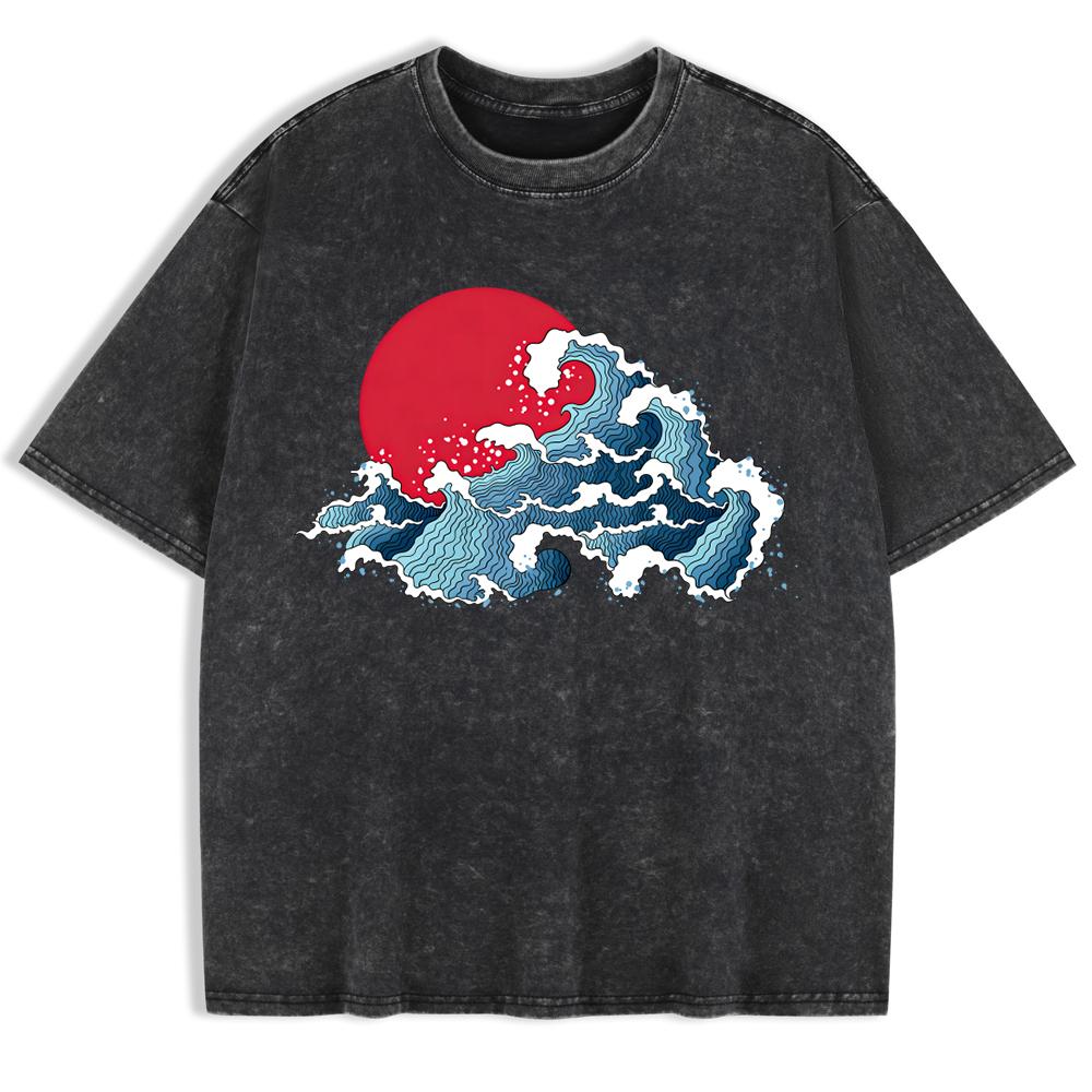Japanska Harajuku Vågmönster Tvättade T-shirts Herr Bomull Överdimensionerad T-shirt Sommar Rund Hals Kortärmade Toppar Mjuka Kläder