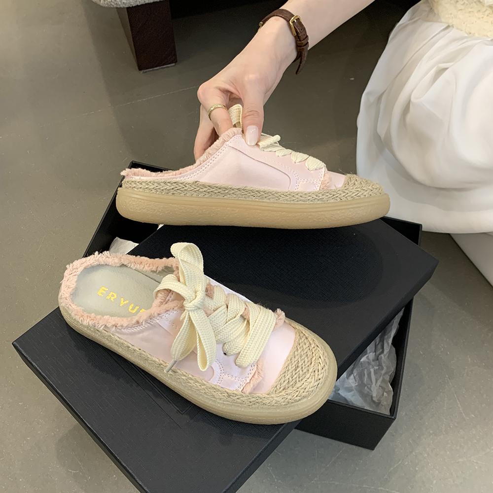 Fashion Fisherman Shoes Canvas Baotou Half Slippers Women's Summer Outside Wear 2025 Lacing Senior Sense Thick Bottom Muffin Bottom Lazy