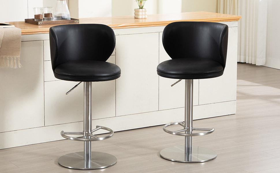 Black Titanium Stainless Steel Bar Stools,Grade Modern Leather Bar Chair with Backrest,Swivel Adjustable Height for Kitchen Counter and Dining Room