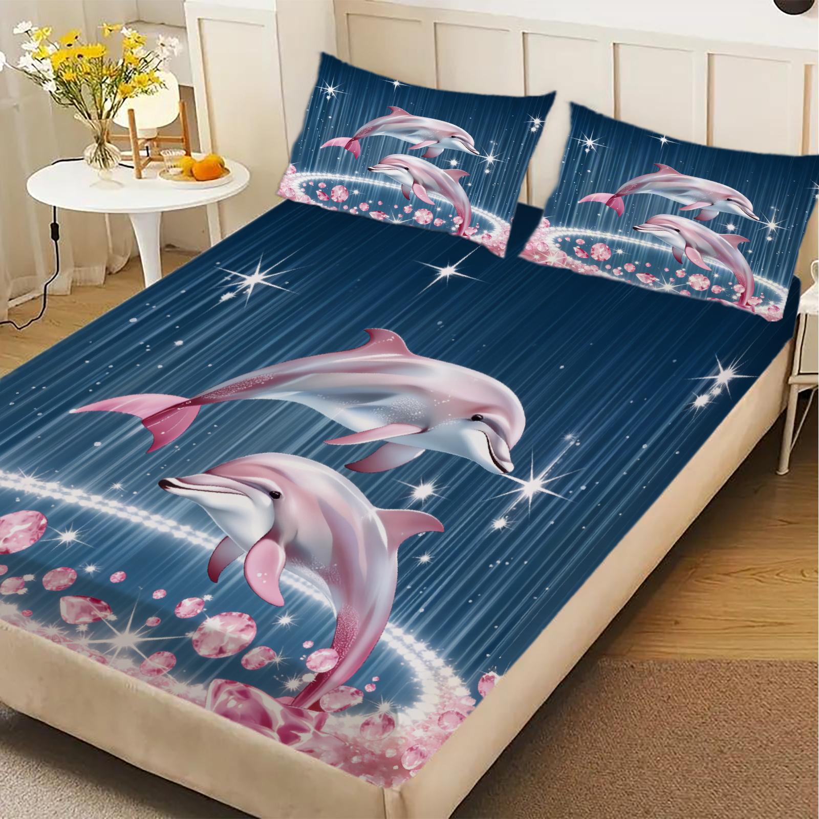 Dolphin Print Fitted Sheet Set Blue Ocean With Sparkles And Pink Dolphins With Pillowcases For Bedroom Decor 99x190x25cm