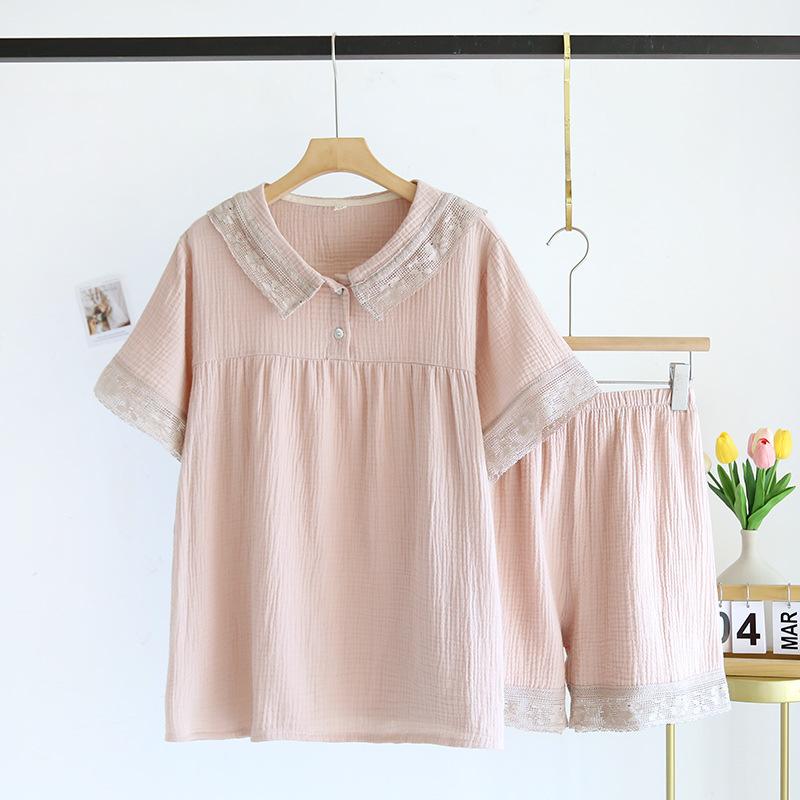 

Новый японский женский летний пижамный комплект из 100% хлопкового крепа с короткими рукавами, шорты, комплект из двух частей, домашний костюм с кружевным воротником M