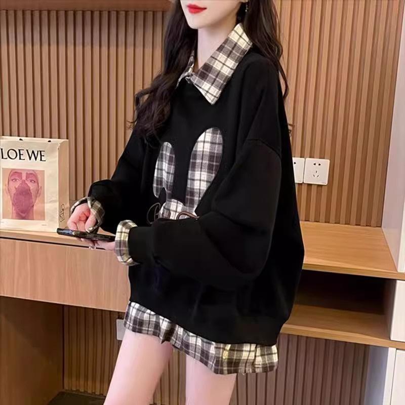 

Свитшоты с вышитыми лацканами в корейском стиле: Осенне-зимняя женская мода, омолаживающий, повседневный дизайн из двух частей. Double Extra Large чёрный