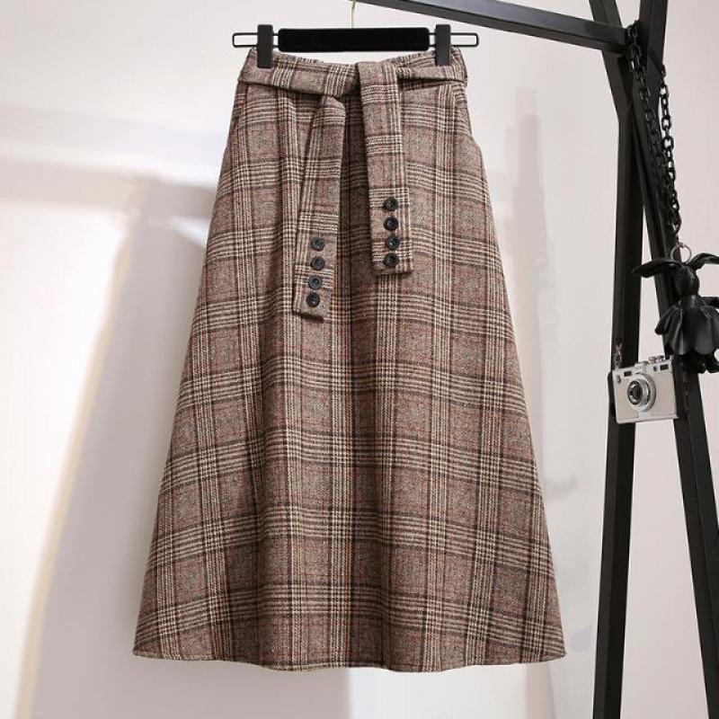 Gonna Scozzese di Lana da Donna Vintage a Vita Alta Autunno Inverno Gonna Donna con Cintura A-Line Gonne Lunghe Signore