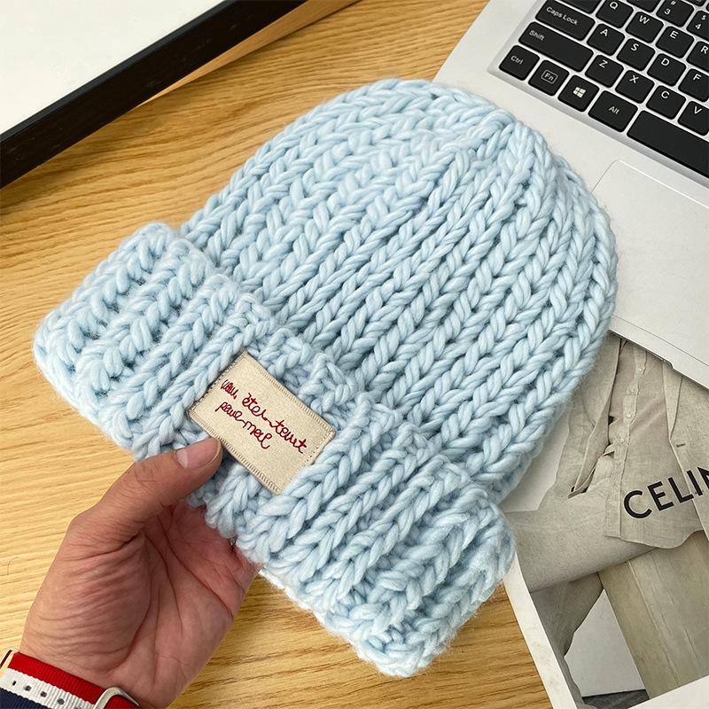 Big Head Circumference Knitted Hat for Women In Winter Korean Style All Match Big Head Thick Thread Pullover Hat for Women Showing Face Small Cold Hat