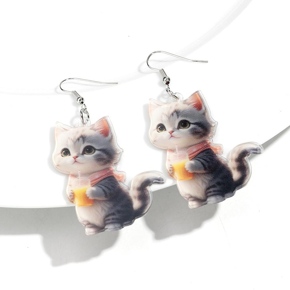 Cute 2D Flat Cat Acrylic Print Earrings for Women Funny Creative Pet Kitten Animals Drop Earring Lovely Jewelry Birthday Gifts