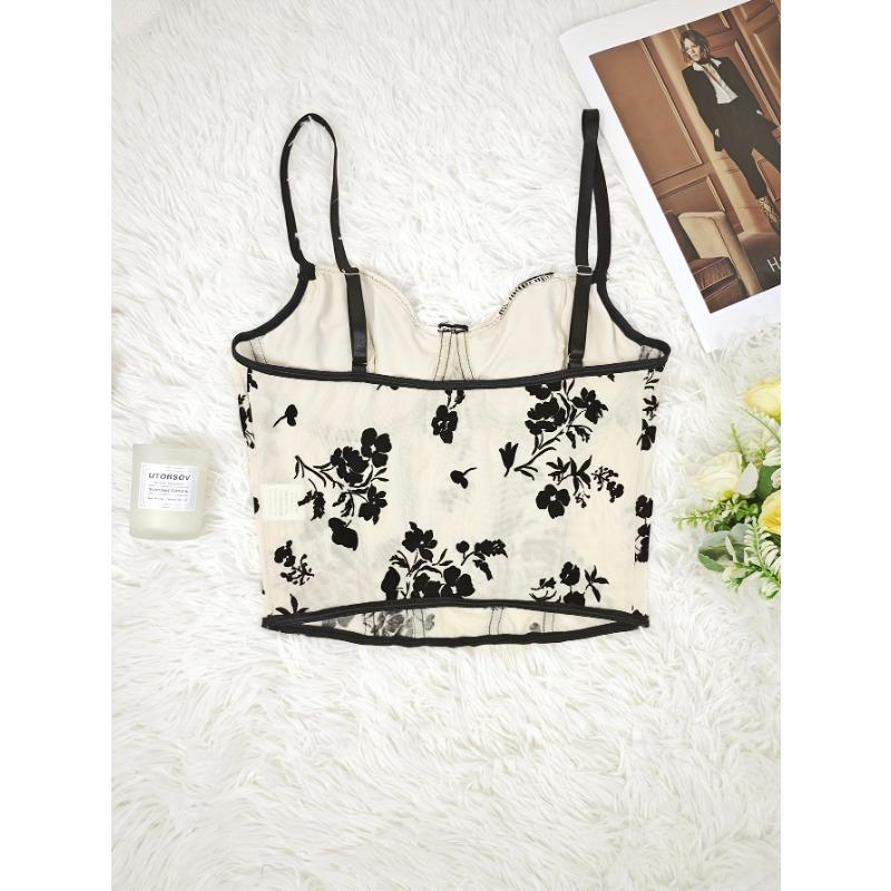 Women's Floral Embroidered Mesh Corset Underwire Push Up Bustier Crop Sexy Spaghetti Strap Bodysuit for Night Out