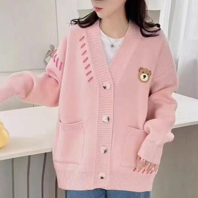 

Cute bear sweater cardigan women s new coat spring and autumn loose lazy wind knitted top One size