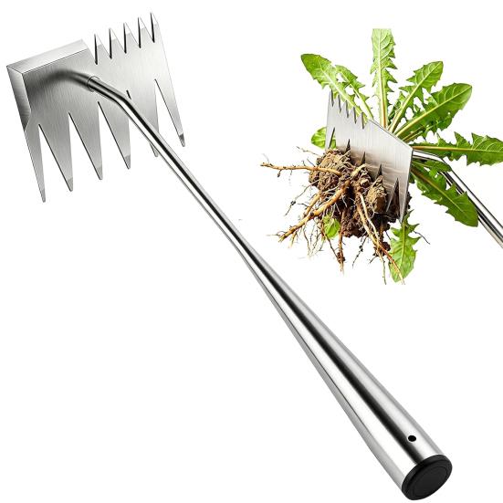 Stainless Steel Weed Remover Tool Six-Tooth Double Head Garden Weeding Tool Manual Weeder with Cutting Blade Serrated Edge for Precision Weeding