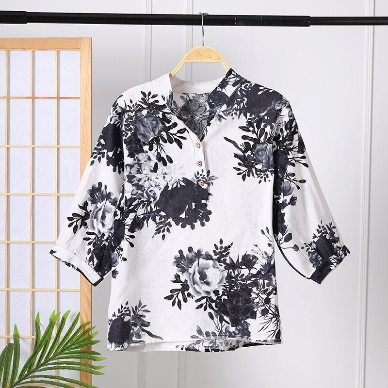 Fashion Vintage Folk Printed Shirt 2025 Summer Loose Half Sleeve Female Clothing Casual V-Neck Button Commute All-match Blouse