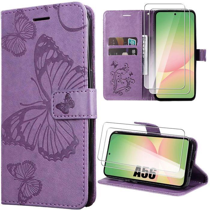 Coque de protection - BOOLING - pour Samsung Galaxy A56 5G - Effet Cuir Violet - Papillons - 2 Verres Trempés