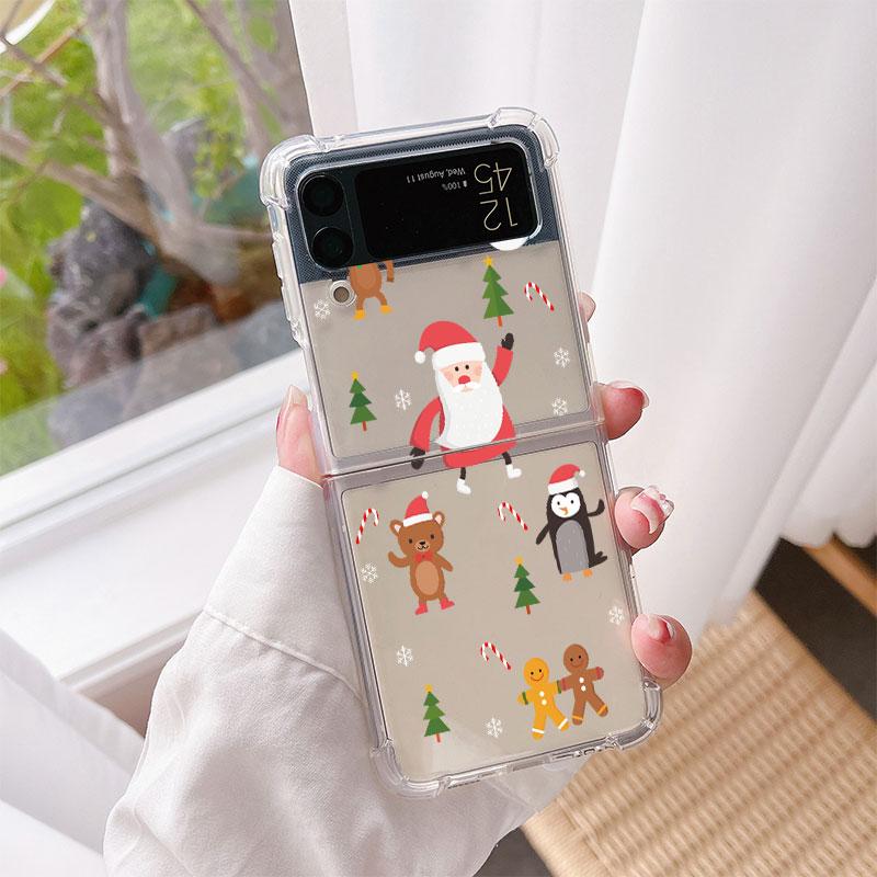 Luxury Case For Samsung Galaxy Z Flip 3 4 5G Funda Z Flip3 Clear PC Hard Shockproof Back Phone Coque Cute Cartoon Doll Christmas