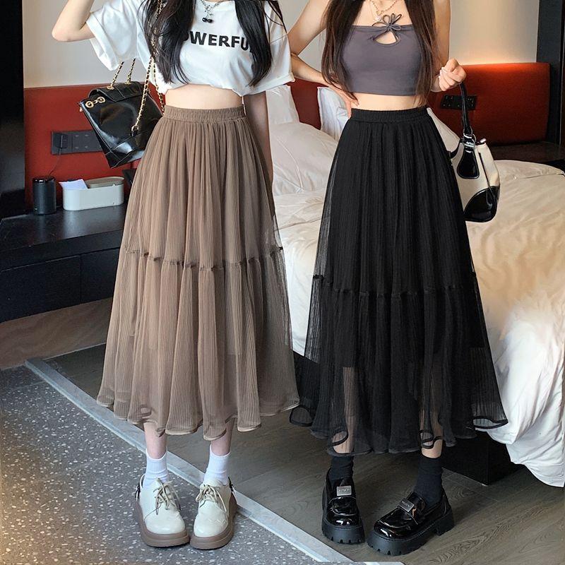 Mesh Midi Skirt for Women In Spring and Summer High Waist Slimming Effect Medium To Long Style Pleated Skirt Loose and Stylish Gauze Skirt