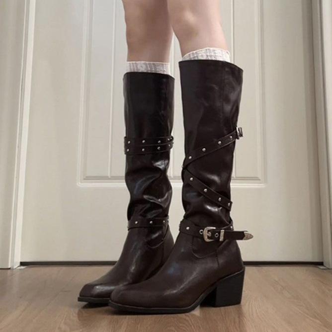 2025 new thick heel rivet belt buckle boots women's autumn and winter spice girl knight boots tall boots western cowboy boots
