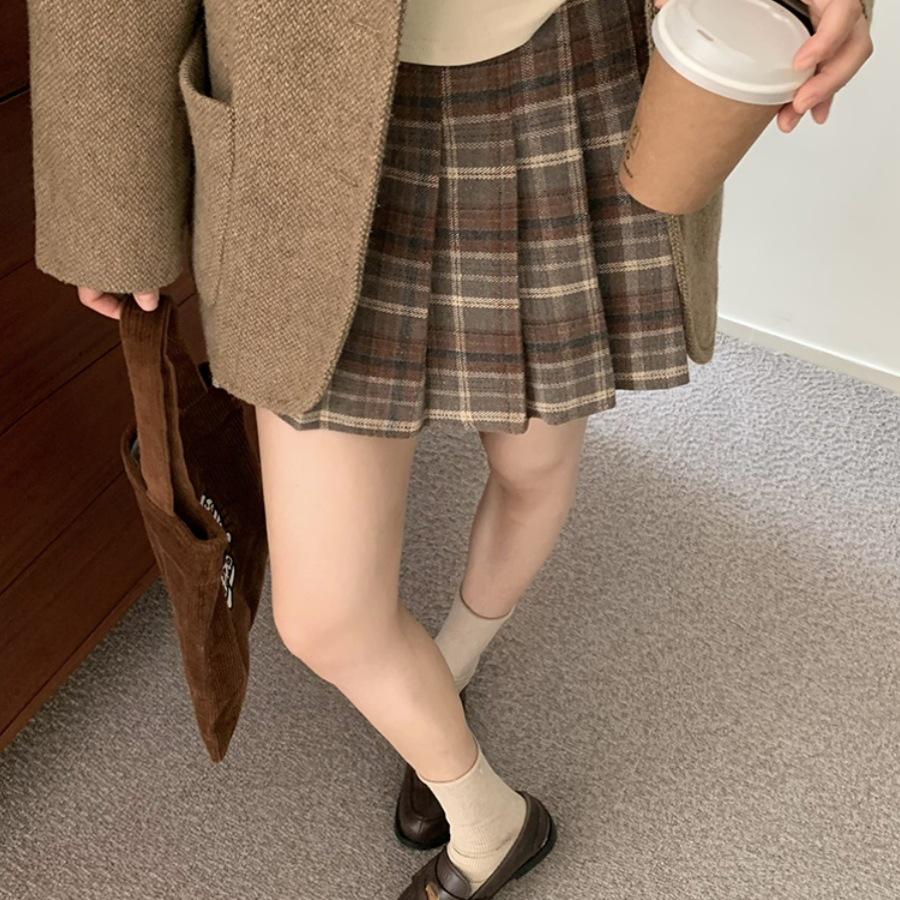 Retro Wool Blend Plaid Midi Skirt: Autumn/Winter, Plus Size, Pleated A-Line, Tummy Control, Anti-Exposure Mini Skirt