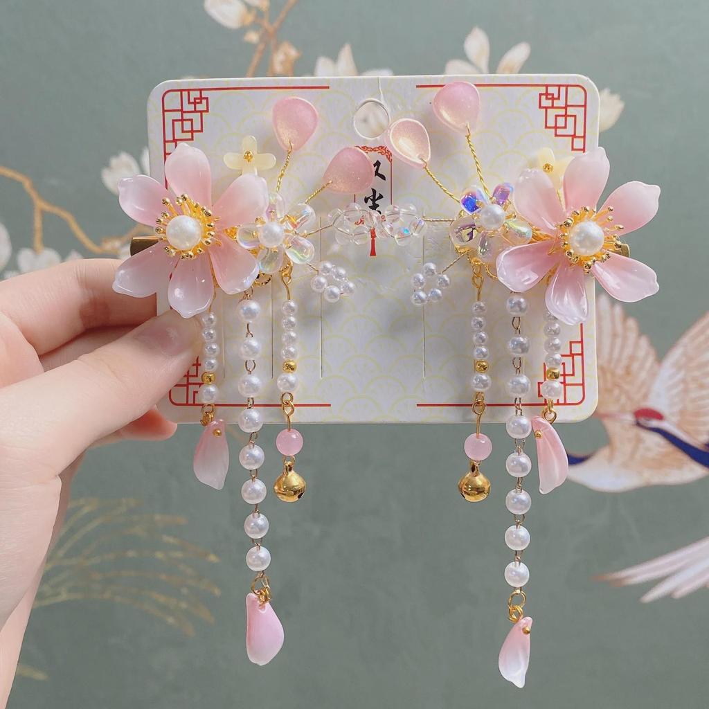 Hanchen Chinese-Style Children's Hanfu Headdress: Girls' Tassel Edge Clip with Step Shake.