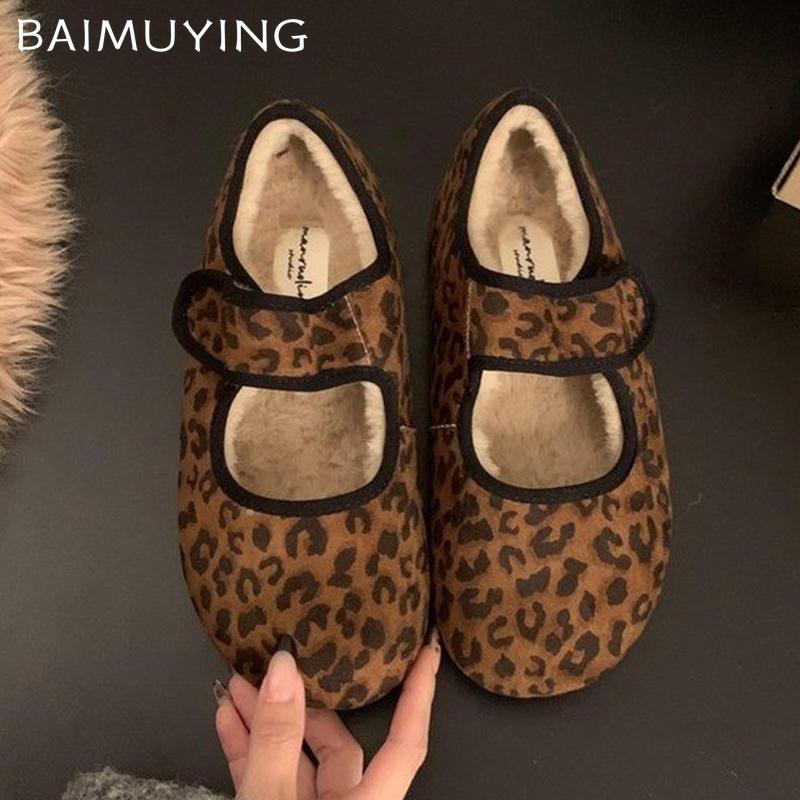 Fur Leopard Shallow Shoes Suede Casual Women Flats Boots Woman 2025 Trend Winter Designer Fashion Short Plush Snow Female Botas