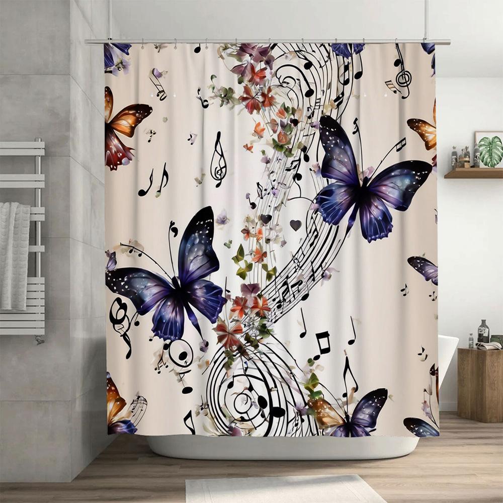 Modern Flower Music Note Shower Curtain for Bathroom Decor Black Butterfly Design, Waterproof Fabric, Perfect Gift Idea (White)