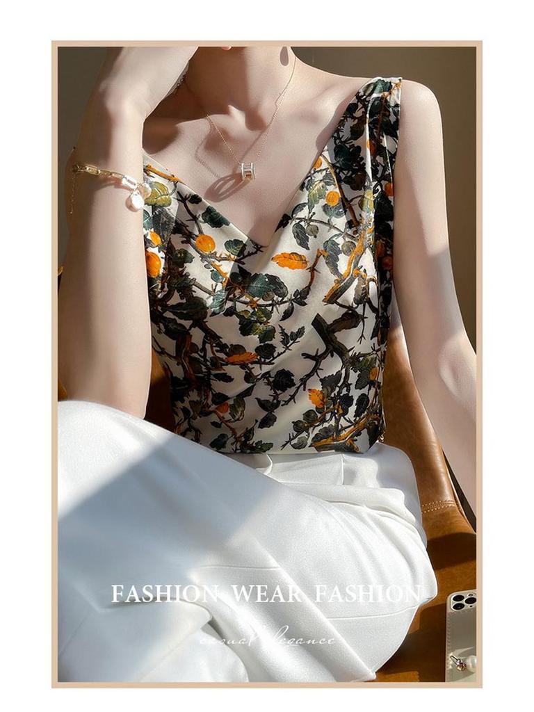 Women's 24-Year Printed Silk Camisole - Round Neck and V-Neck Satin Mulberry Silk Top for Summer Suit Layering