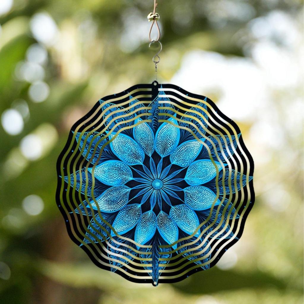25,4 cm Mandala Blume Metall Windspiel - Langlebiger Hängespiral mit blauem & goldenem Design für Innen-/Außen-Garten- und Terrassendekoration