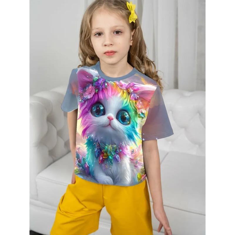T-Shirts für Kinder Niedliche Katze 3D-Druck Sommer Lässig Cartoon-Muster Kurzarm-T-Shirts Outdoor Schlicht