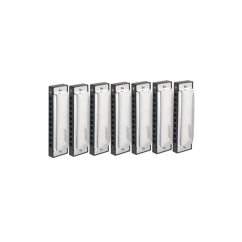 EAST TOP Harmonica Set, 7 Keys (A, Bb, C, D, E, F, G), 10-Hole Harmonica, 20 Tones, Stainless Steel Cover, ABS Case, Cleaning Cloth, Suitable for