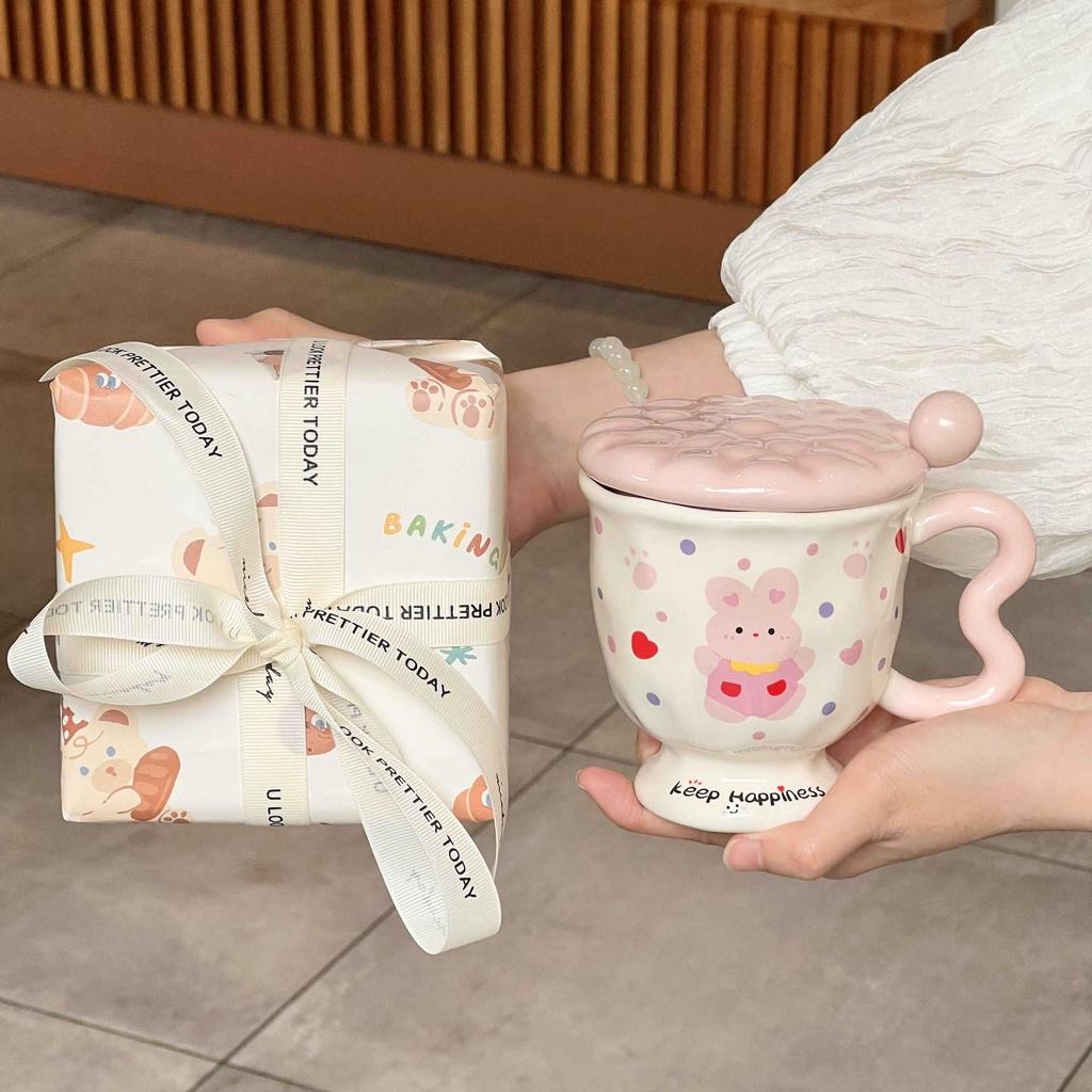 Girls' Heart Cute Rabbit Cup for Girls' Birthday Gift Souvenir High-value Ceramic Mug with Lid Spoon