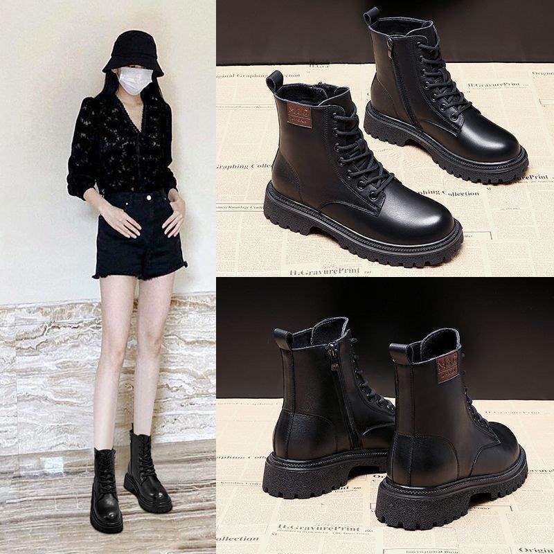Real soft leather thick-soled Martin boots for women's 2025 new spring, autumn and winter velvet British wind fried street small short boots
