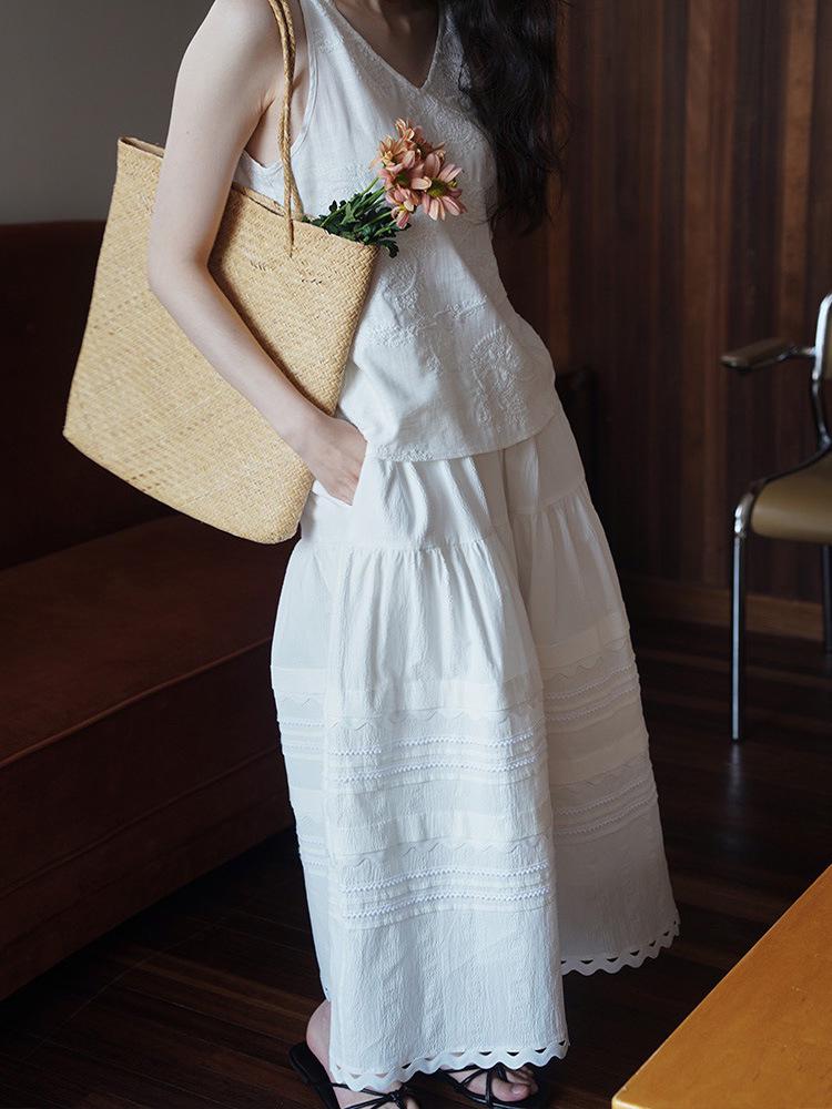 White Crochet Lace Patchwork Elastic Waist Mid-Length Skirt - New Style Medium белый