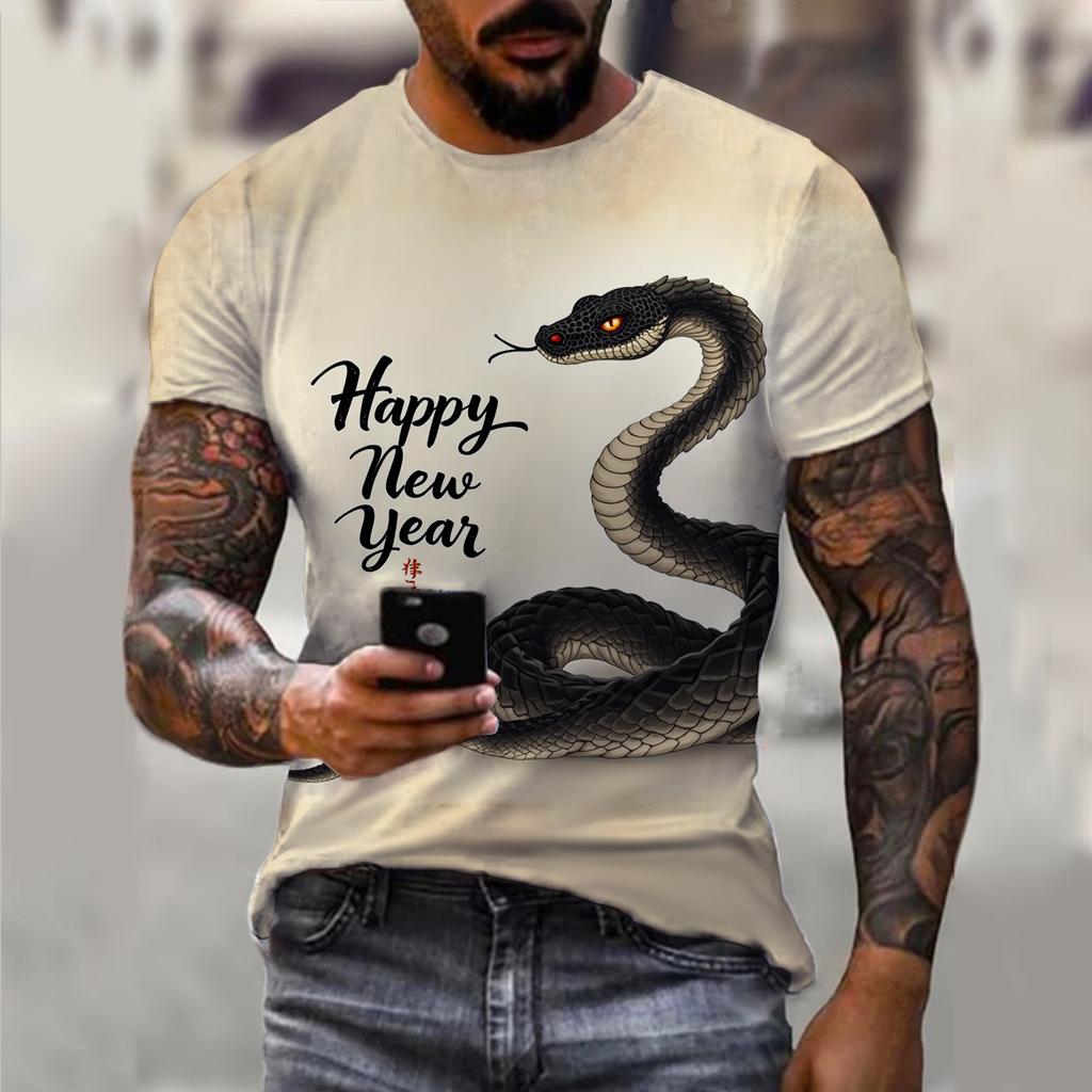 T-shirt décontracté à manches courtes pour homme imprimé 3D Année du Serpent du Nouvel An 2025 Confortable Respirant Imprimé Rétro