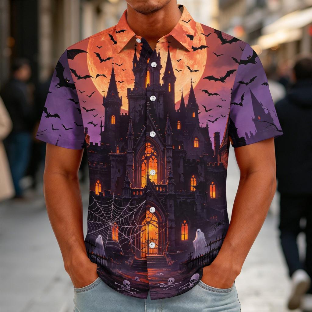 Men's Halloween Print Vintage Button Down Cardigan Shirt - Loose Fit Breathable Summer Casual Streetwear Top