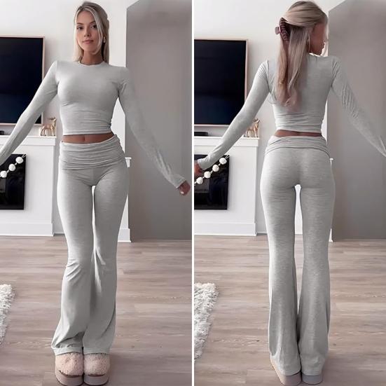 Women's 2 Piece Outfits Long Sleeve Crew Neck Crop Top Ruched Low Waist Flared Pants Set Fall Casual Lounge Set