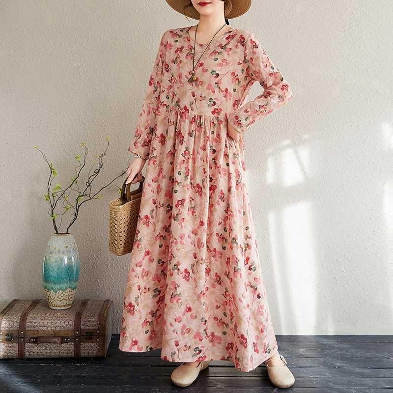 Vacation Style Travel Round Neck Vintage Long Flesh Covering Dresses