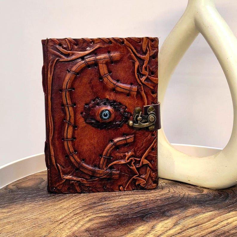 Spell Book of Shadows • Antique Leather Journal with Magic Eye & Lock • Halloween Decor, Witchcraft Grimoire, Wiccan Gift