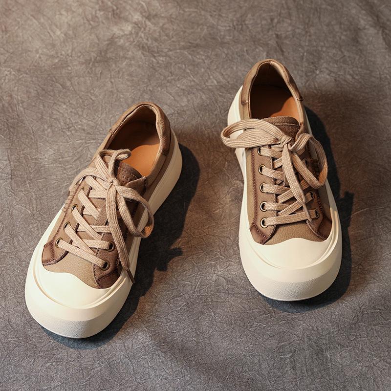 

Женские повседневные туфли из первого слоя коровьей кожи, новинка весны 2025 года, кожаные ретро туфли на плоской подошве со шнуровкой, женские маленькие кеды 35