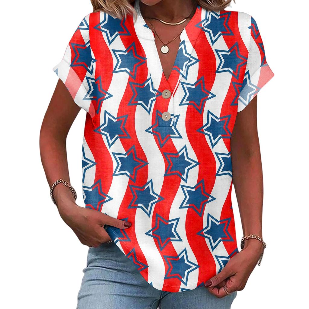 Women's Casual Fashion V-Neck Button Independence Day Print Short Sleeve Top